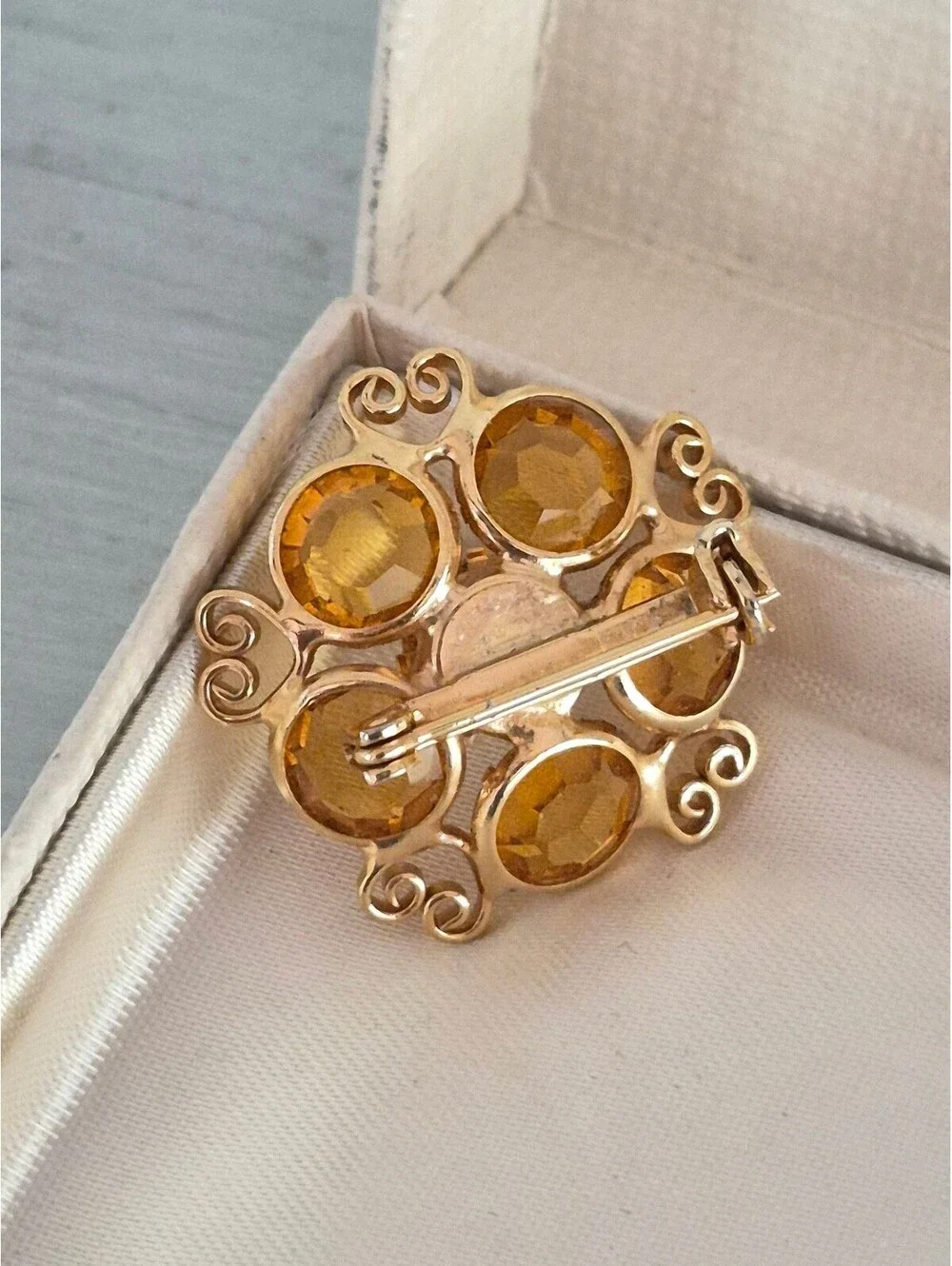 Vintage Mini Citrine Glass Floral Brooch Pin